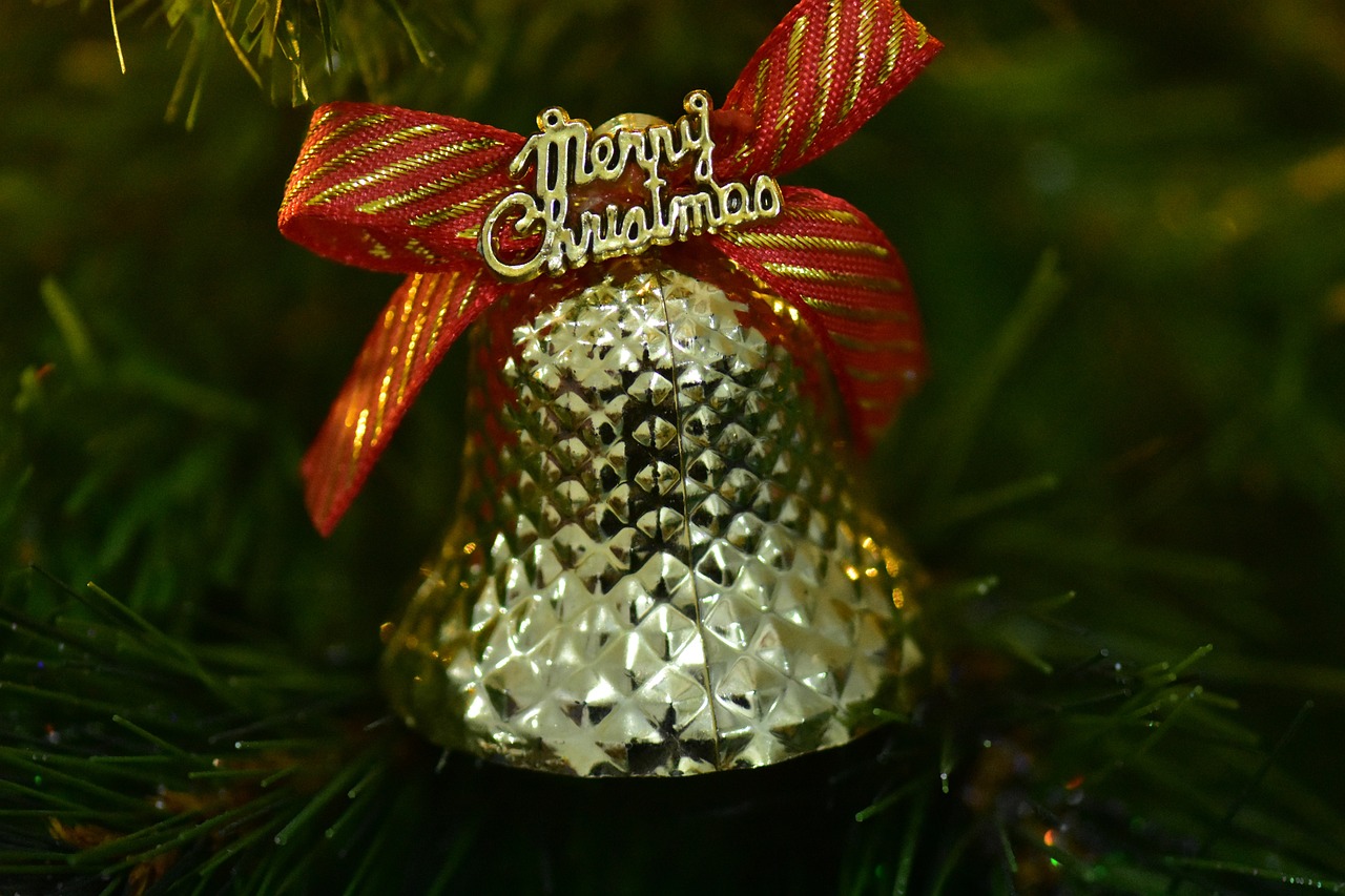 christmas bell, merry christmas, ribbon